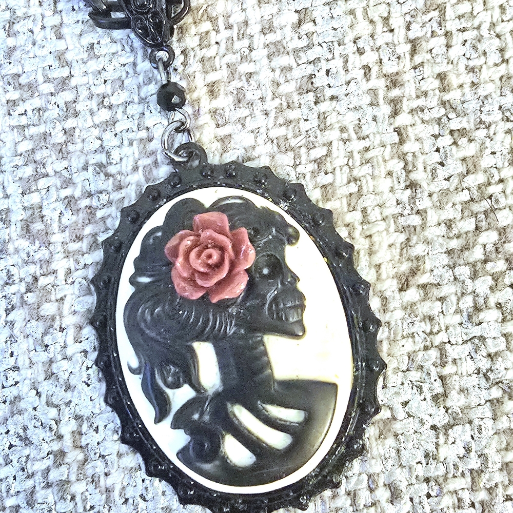 Goth Black and Pink Cameo Pendant Necklace